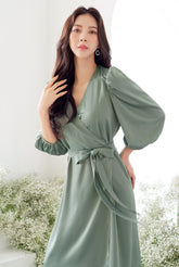 Silk Wrap Midi Dress with Puff Sleeves and Waist Tie